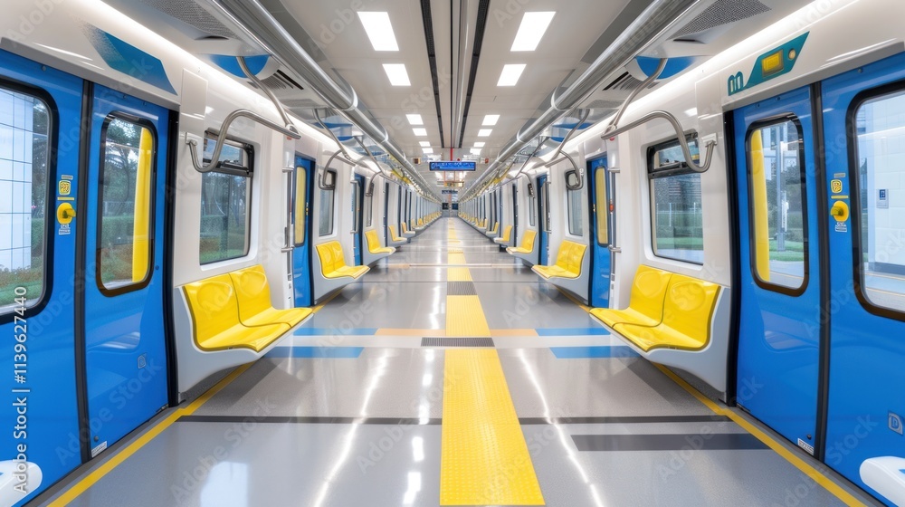 Empty modern subway car interior with blue doors and yellow seats. Empty modern subway car interior with blue doors and yellow seats.