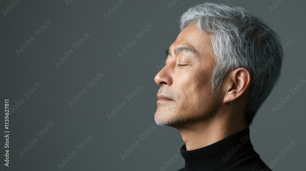 Photo of a mature, handsome Japanese man with gray hair, eyes closed in profile view on a gray background, with side lighting.generated ai Photo of a mature, handsome Japanese man with gray hair, eyes closed in profile view on a gray background, with side lighting.generated ai