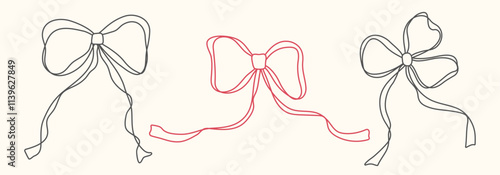 Cute pink hand drawn bow set with ribbons. Minimalist bowknot for birthday, wedding, christmas cards, poster, tattoo, gift, frames. Vintage coquette bows. Doodle Sketch elements. Isolated vector illus