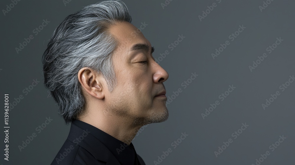 Photo of a mature, handsome Japanese man with gray hair, eyes closed in profile view on a gray background, with side lighting.generated ai Photo of a mature, handsome Japanese man with gray hair, eyes closed in profile view on a gray background, with side lighting.generated ai