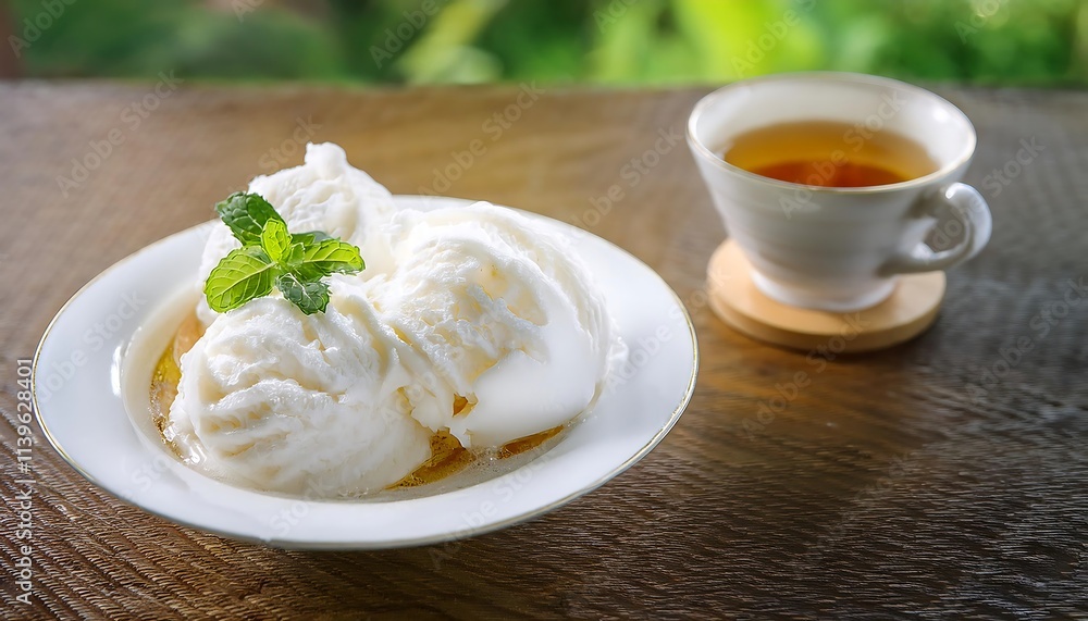 Soft Serve Ice Cream and tea, sweet dessert hot beverage for refreshing with copy space Soft Serve Ice Cream and tea, sweet dessert hot beverage for refreshing with copy space