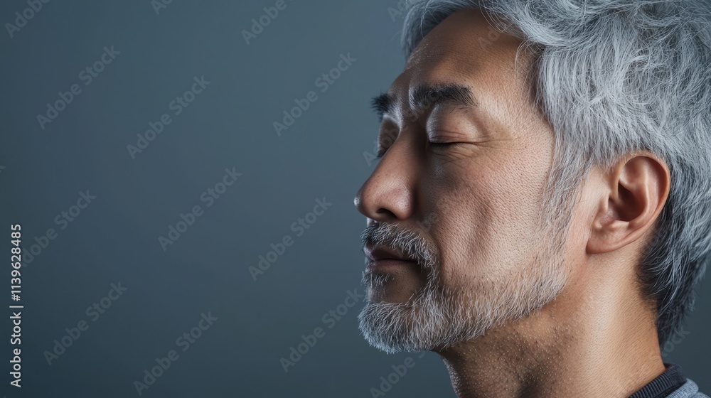 Obraz premium Photo of a mature, handsome Japanese man with gray hair, eyes closed in profile view on a gray background, with side lighting.generated ai 