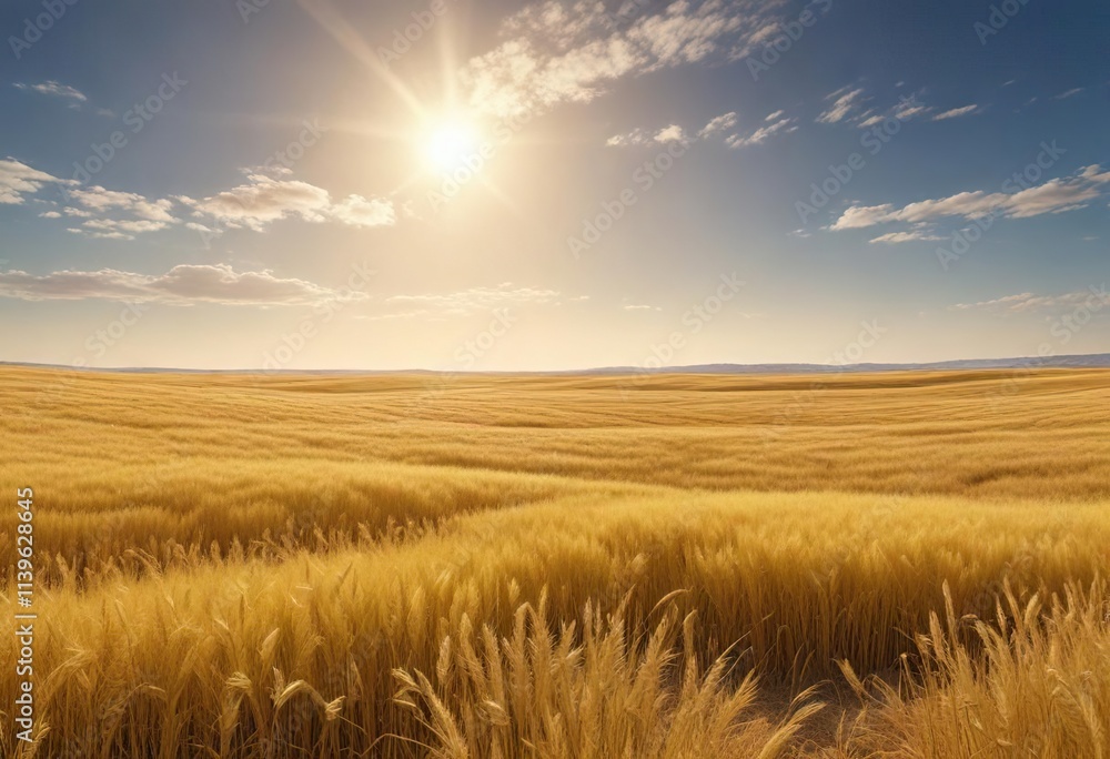 Obraz premium A blanket of bright yellow wheat fields stretching as far as the eye can see under a clear blue sky, sunshine, grain