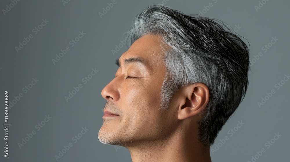 Fototapeta premium Photo of a mature, handsome Japanese man with gray hair, eyes closed in profile view on a gray background, with side lighting.generated ai 