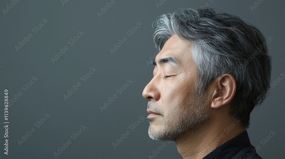 Photo of a mature, handsome Japanese man with gray hair, eyes closed in profile view on a gray background, with side lighting.generated ai Photo of a mature, handsome Japanese man with gray hair, eyes closed in profile view on a gray background, with side lighting.generated ai