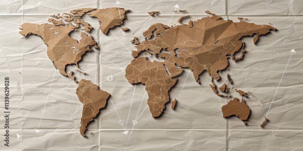 Fototapeta premium A creative representation of the world map cut out from textured brown paper, placed on a crumpled background.