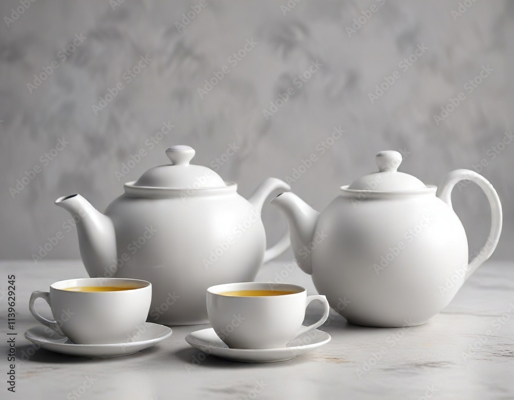 White Tea Teapot and Cup on Soft Gray Background, soft, refined White Tea Teapot and Cup on Soft Gray Background, soft, refined