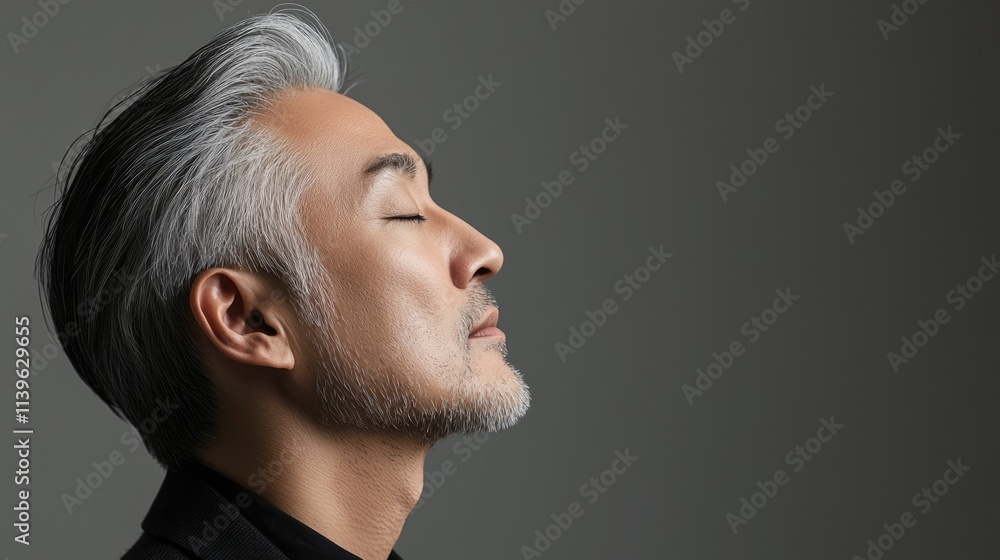 Photo of a mature, handsome Japanese man with gray hair, eyes closed in profile view on a gray background, with side lighting.generated ai Photo of a mature, handsome Japanese man with gray hair, eyes closed in profile view on a gray background, with side lighting.generated ai