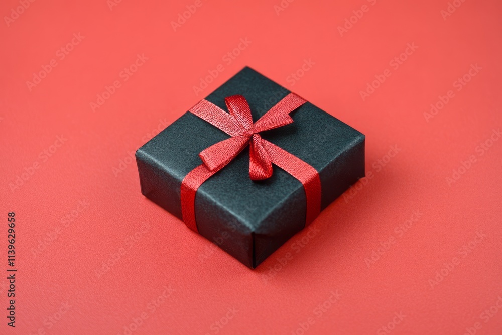 A small black gift box with a red ribbon A small black gift box with a red ribbon