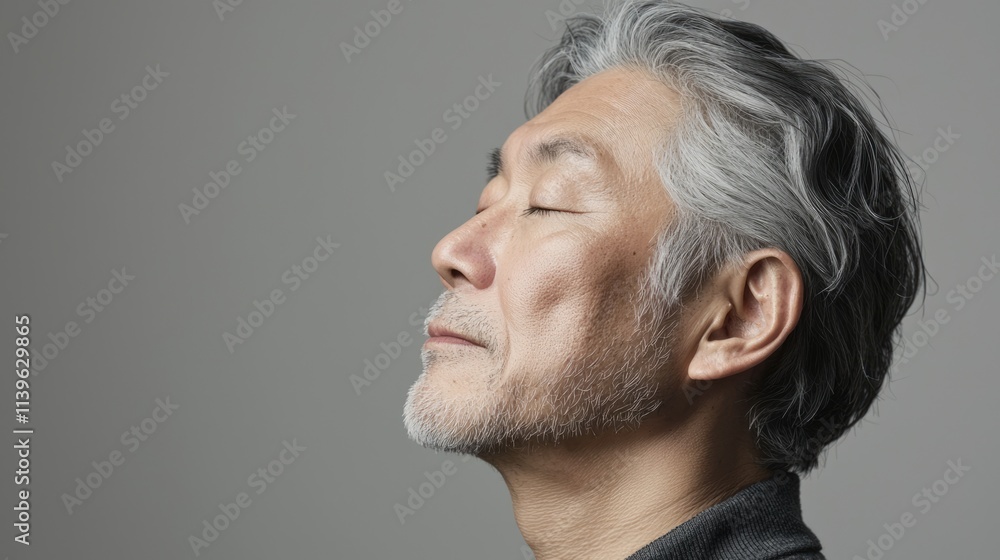 Photo of a mature, handsome Japanese man with gray hair, eyes closed in profile view on a gray background, with side lighting.generated ai	