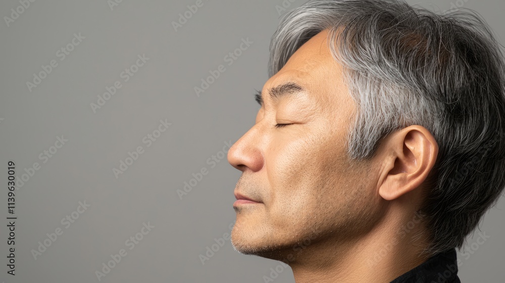 Fototapeta premium Photo of a mature, handsome Japanese man with gray hair, eyes closed in profile view on a gray background, with side lighting.generated ai 