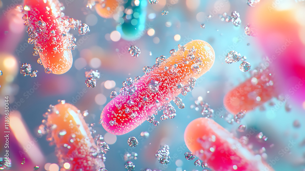 Colorful probiotic strains floating in clear liquid with bubbles Colorful probiotic strains floating in clear liquid with bubbles