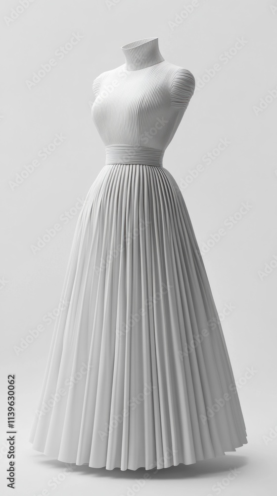 A professional high-resolution 3D model of a pleated skirt and high-neck dress, with realistic fabric details and soft pleats, showcased on a simple white background. A professional high-resolution 3D model of a pleated skirt and high-neck dress, with realistic fabric details and soft pleats, showcased on a simple white background.