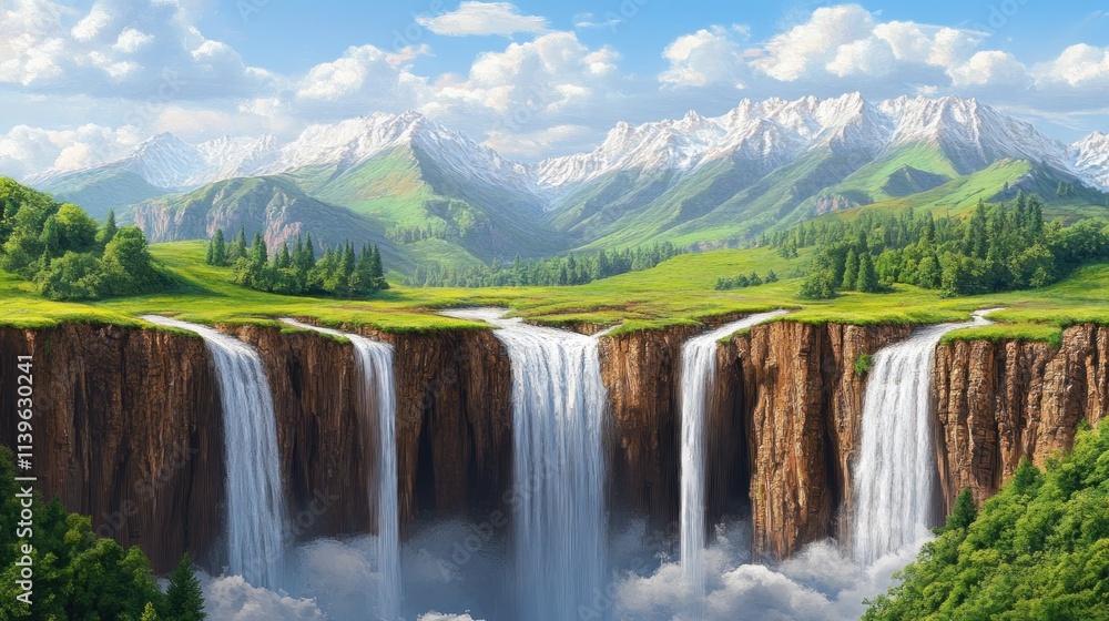 Fototapeta premium Majestic waterfall cascading down cliffs into lush valley, snow-capped mountains backdrop.