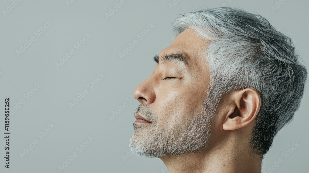 Fototapeta premium Photo of a mature, handsome Japanese man with gray hair, eyes closed in profile view on a gray background, with side lighting.generated ai 