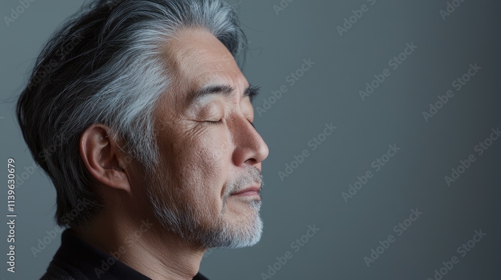 Obraz premium Photo of a mature, handsome Japanese man with gray hair, eyes closed in profile view on a gray background, with side lighting.generated ai 