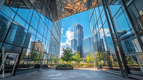 Skyscrapers strongly reflected in tall glassy buildings wide photo. AI Generated photo