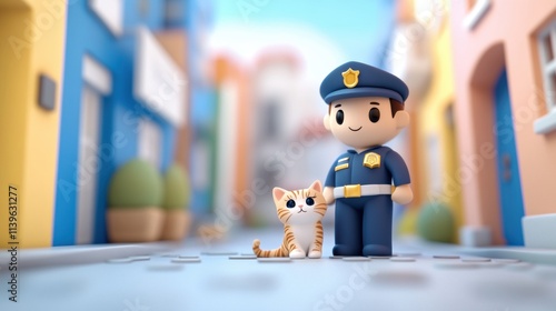 Playful police officer and cat adventure colorful street animation whimsical environment friendly viewpoint fun concept
