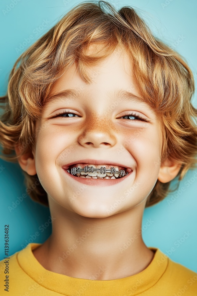 Laughing boy with braces on his teeth Laughing boy with braces on his teeth