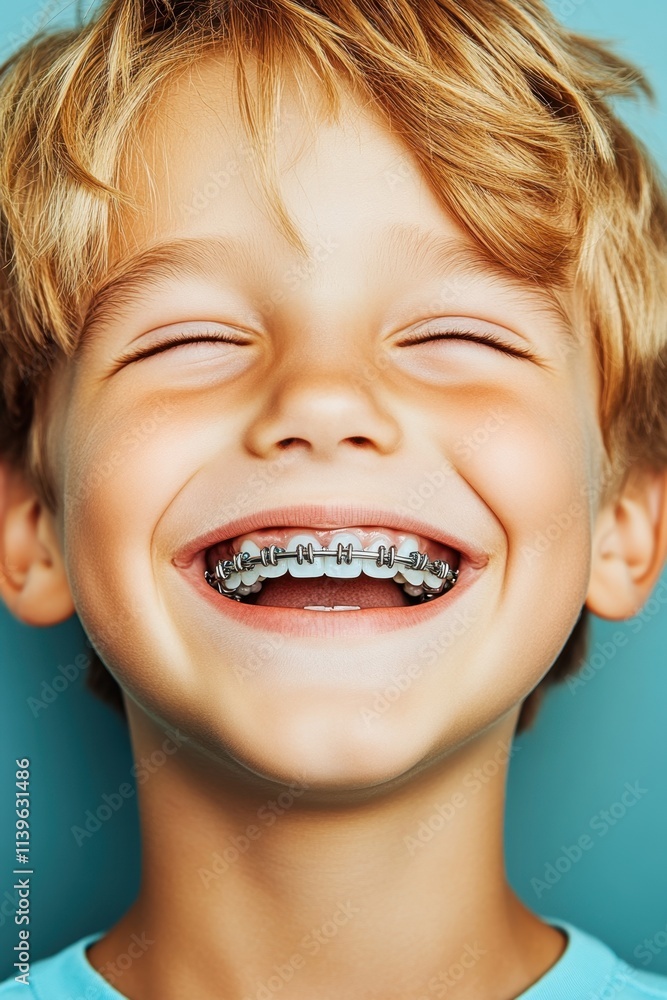 Laughing boy with braces on his teeth Laughing boy with braces on his teeth