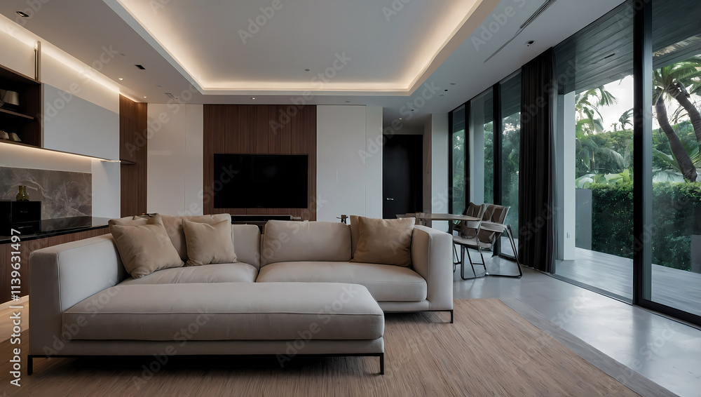 Modern living room featuring a light beige sectional sofa, wooden accents, large windows, and a dining area. Modern living room featuring a light beige sectional sofa, wooden accents, large windows, and a dining area.