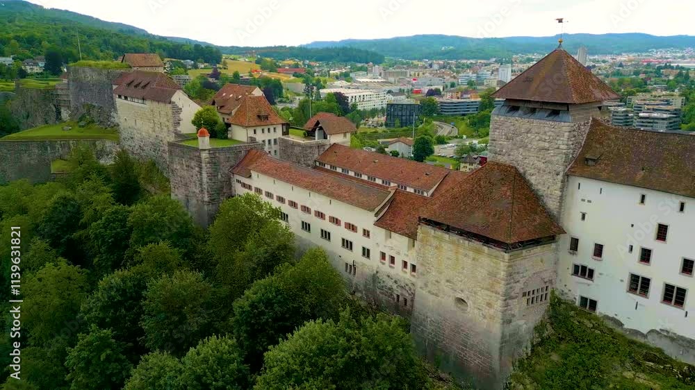4K Drone Video of the Historic Festung Aarburg Castle in Aarburg, Switzerland