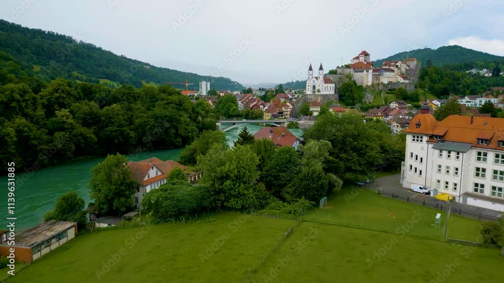 4K Drone Video of the Countryside near the Festung Aarburg Castle and Reformierte Kirche Church in Aarburg, Switzerland 4K Drone Video of the Countryside near the Festung Aarburg Castle and Reformierte Kirche Church in Aarburg, Switzerland