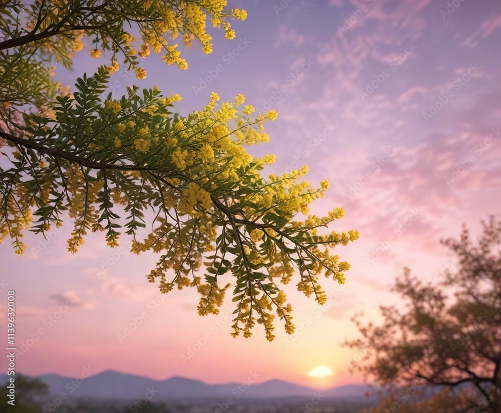 The yellow blooms of an Acacia tree against a soft pink sky, blossom, flora, flowers The yellow blooms of an Acacia tree against a soft pink sky, blossom, flora, flowers