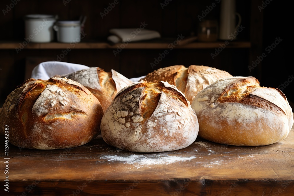 A few loaves of bread are sitting on a wooden table A few loaves of bread are sitting on a wooden table