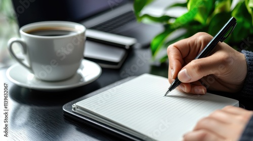 A close-up of a business person writing in a notebook while sitting at a desk, with a laptop and cup of coffee nearby. This professional and productive scene is ideal for corporate, finance, 