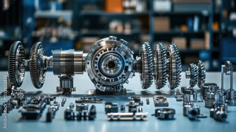 Naklejka premium A set of disassembled turbine and compressor rotors, with all components neatly arranged, highlighting the inner workings of high-performance machinery.