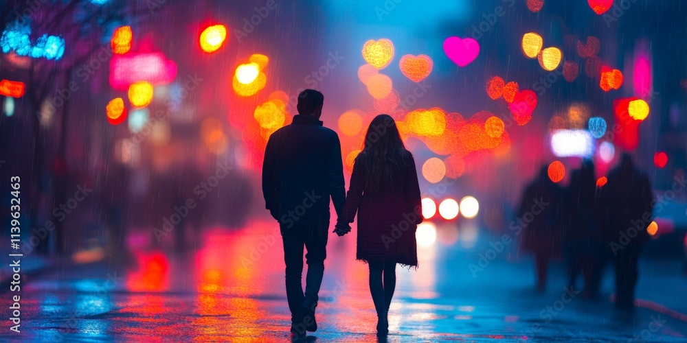 A couple holds hands while walking through a city street illuminated by vibrant lights, creating a romantic, cozy atmosphere. A couple holds hands while walking through a city street illuminated by vibrant lights, creating a romantic, cozy atmosphere.