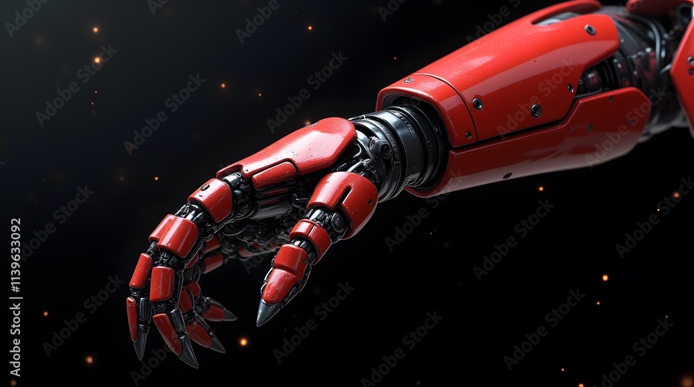 Naklejka premium Crimson Robotic Hand Reaching; Sleek, powerful design. Futuristic technology and intricate mechanics. A captivating image.