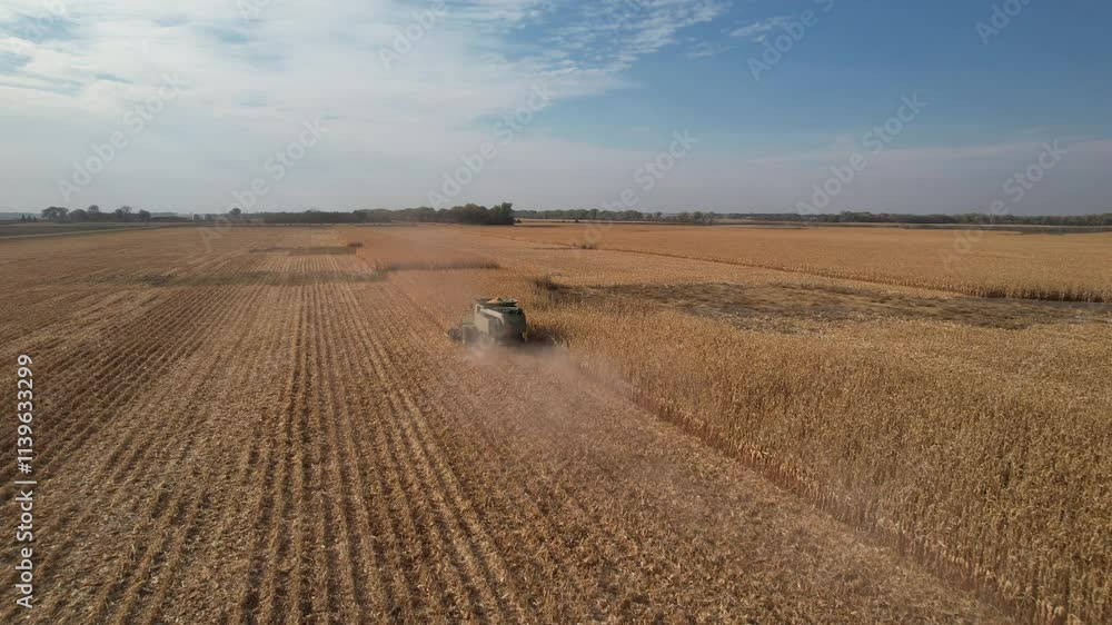 Wide angle drone view of harvesting of corn field in South Dakota using a combine harvestor in USA. Wide angle drone view of harvesting of corn field in South Dakota using a combine harvestor in USA.
