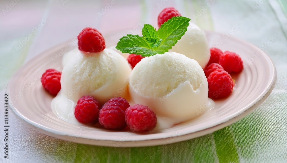 Yogurt Ice Cream with raspberries and a sprig of mint Yogurt Ice Cream with raspberries and a sprig of mint