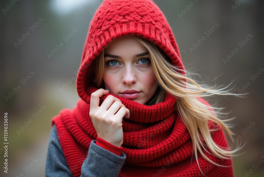 Portrait of a stylish and poised woman in red winter clothing. Portrait of a stylish and poised woman in red winter clothing.