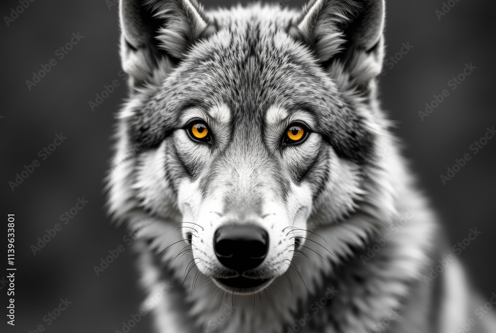 Black and white photograph of a wolf with orange eyes Black and white photograph of a wolf with orange eyes