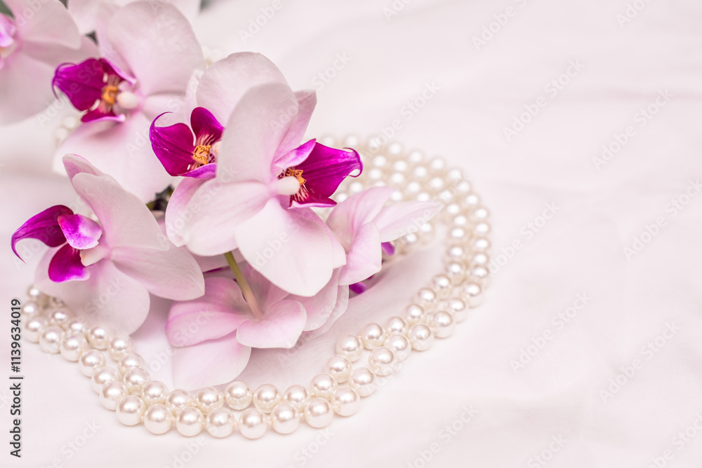 The branch of white orchids on white fabric background
The branch of white orchids on white fabric background