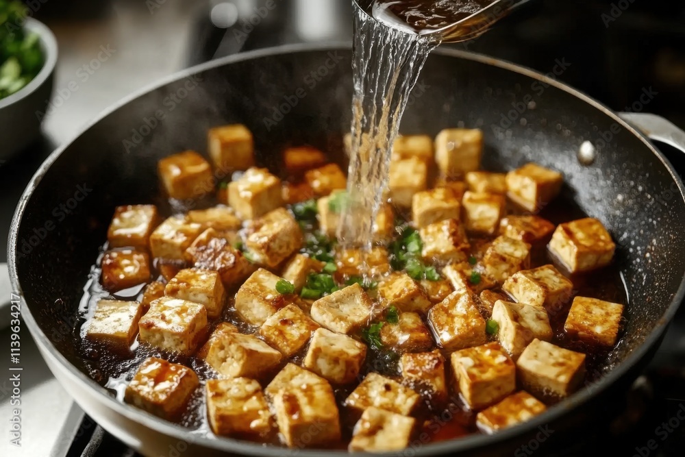 Rinsing fried tofu cubes in a cooking pan for added freshness. Rinsing fried tofu cubes in a cooking pan for added freshness.