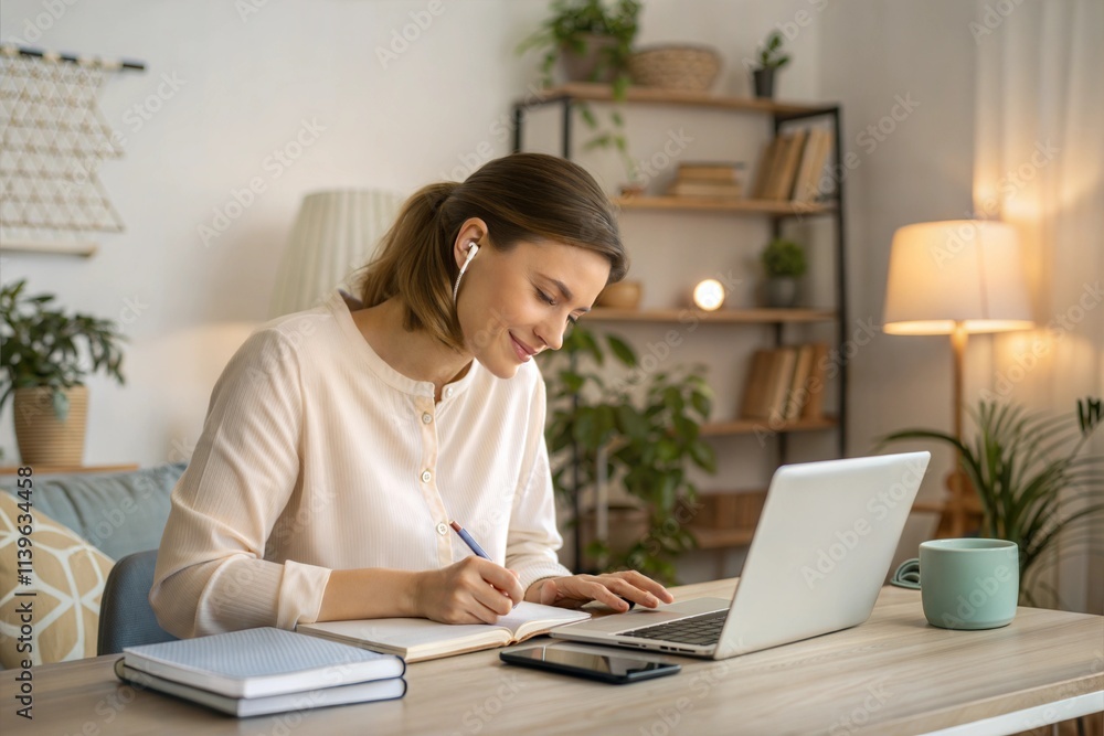 Woman making notes and working on a laptop at home. Woman making notes and working on a laptop at home.