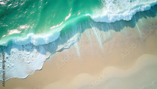 Beautiful Aerial Coastal Scene with Waves, Surfers, and Sandy Shoreline