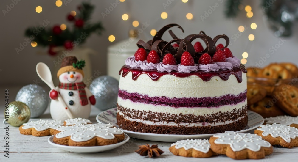 Snowman in a Traditional Christmas cake with fruits and nuts on a light table and light background. Dessert for the winter holidays. Christmas decorations and lights Snowman in a Traditional Christmas cake with fruits and nuts on a light table and light background. Dessert for the winter holidays. Christmas decorations and lights
