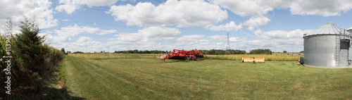 Photography Panorama of Indiana Farmland and Soybean Crops with Silo and Combine