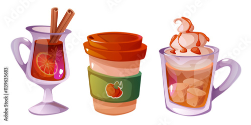 Hot spicy drinks set isolated on white background. Vector cartoon illustration of glass, paper cups with orange and cinnamon tea, mulled wine, pumpkin coffee, cocoa with whipped cream and marshmallow