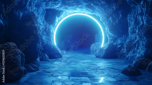 3D Cave Illustration Blue Neon Oval Portal
