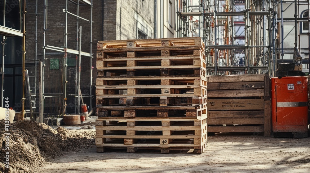 A stack of wooden pallets on a construction site, with construction scaffolding and building materials scattered around the area. A stack of wooden pallets on a construction site, with construction scaffolding and building materials scattered around the area.