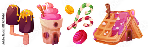 Candy land sweet set. Chocolate covered ice cream tree with sprinkles, pink frosted sundae house, striped candy canes, jelly drops and waffle cottage decorated with heart ornaments and syrup drizzle.