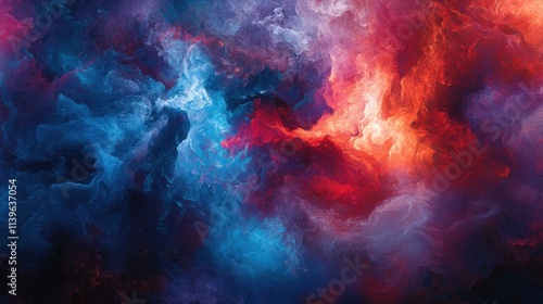 A striking abstract background of swirling smoke and fog in rich red, blue, and purple colors, creating a vivid, intense contrast and powerful atmosphere.