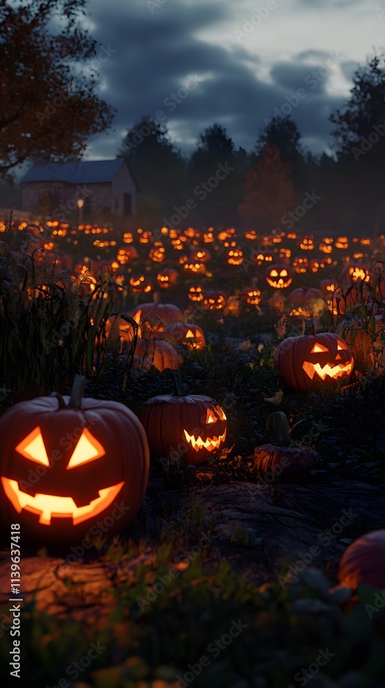 custom made wallpaper toronto digital43. A pumpkin patch at twilight, with carved pumpkins glowing in the dark
