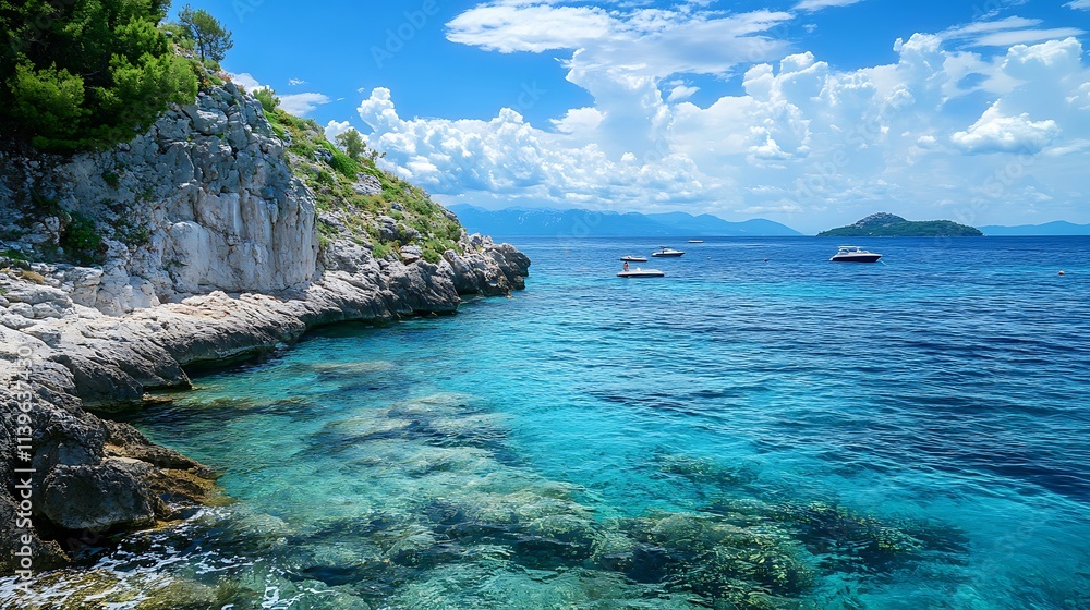 Fototapeta premium Crystal clear turquoise water, rocky coastline, and boats. Scenic coastal view.
